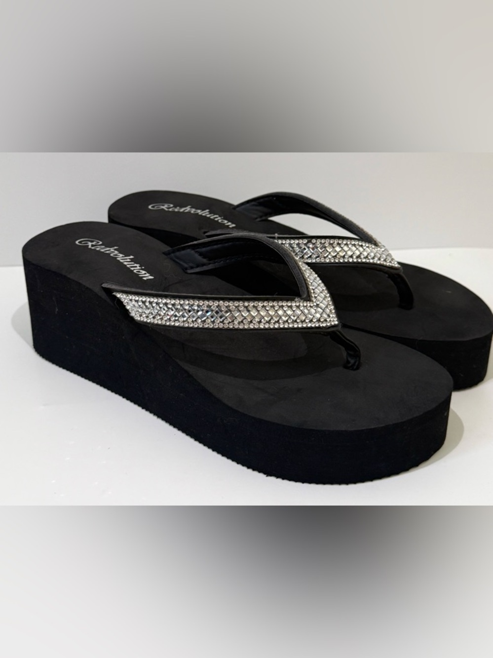 Rhinestone Platform Flip Flops Black Wedge Sandals Size 5